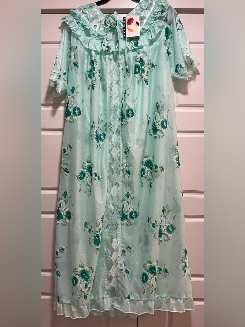 NWT Vintage Azurro Mint & Teal Green Ruffled Peignoir Robe